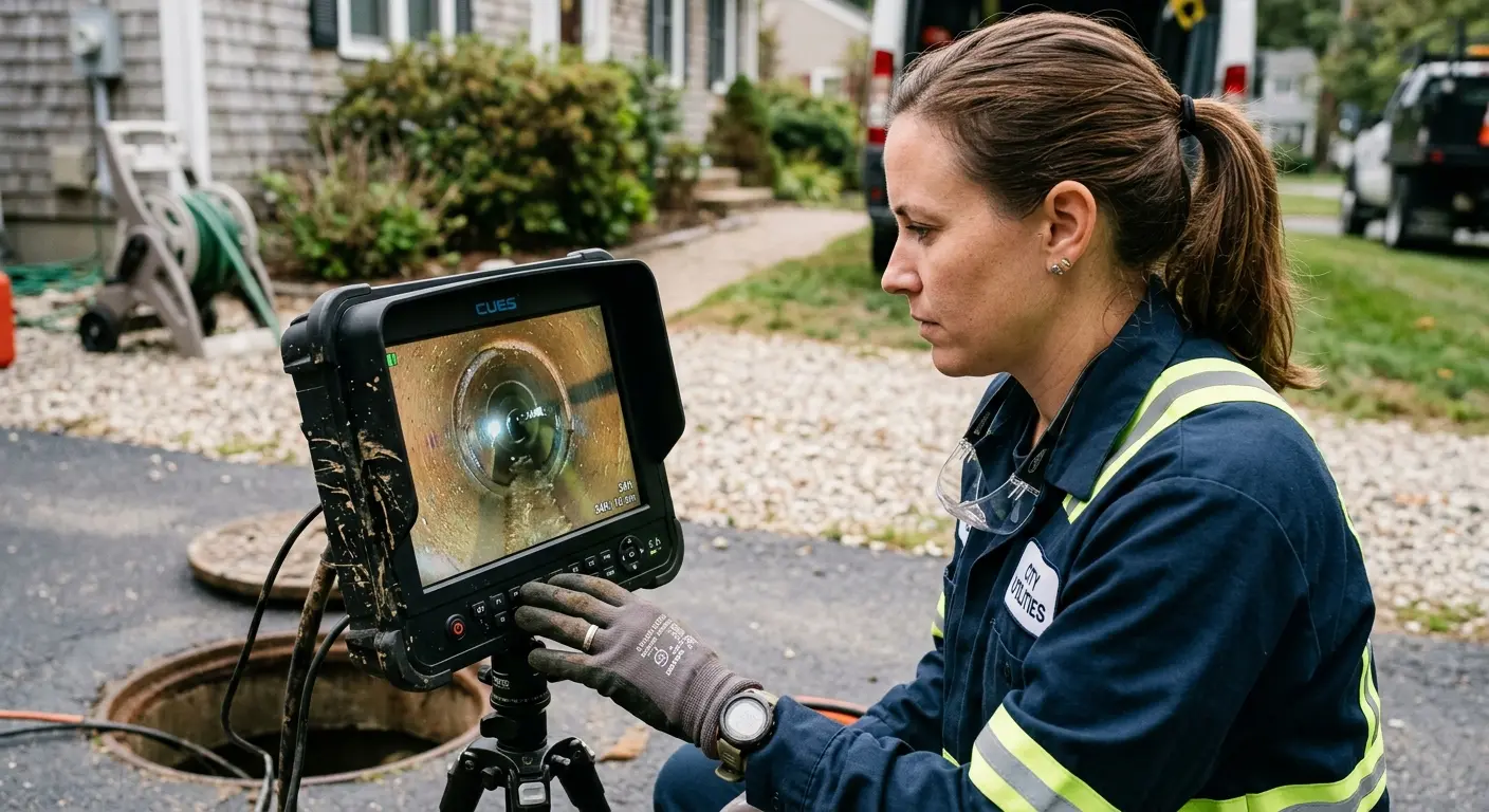 Technician reviewing sewer camera inspection footage in West Warwick