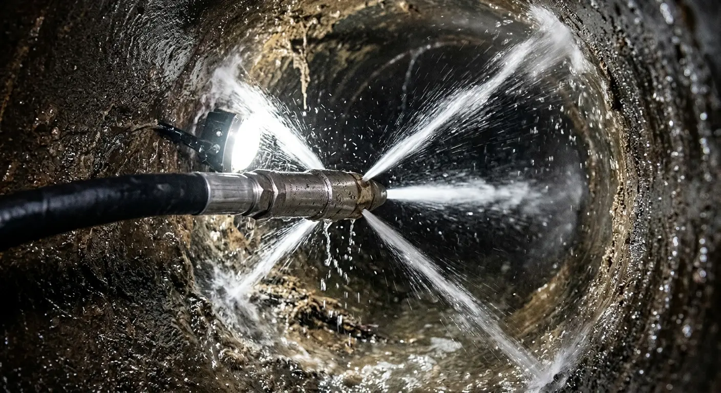 High-pressure hydro jetting nozzle cleaning sewer pipe for Storm Drain Cleaning in West Warwick
