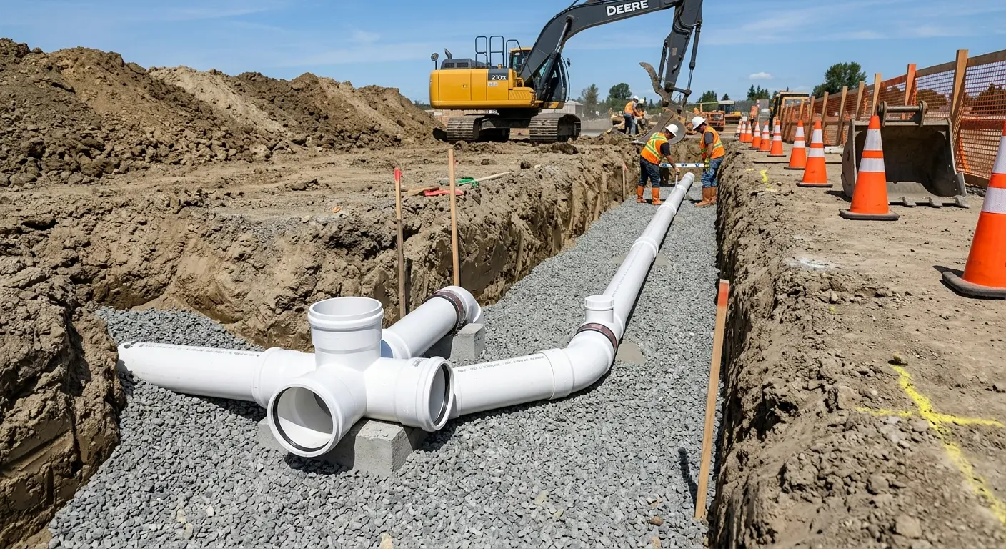 New PVC sewer pipe installation in open trench for Commercial Drain Cleaning in West Warwick