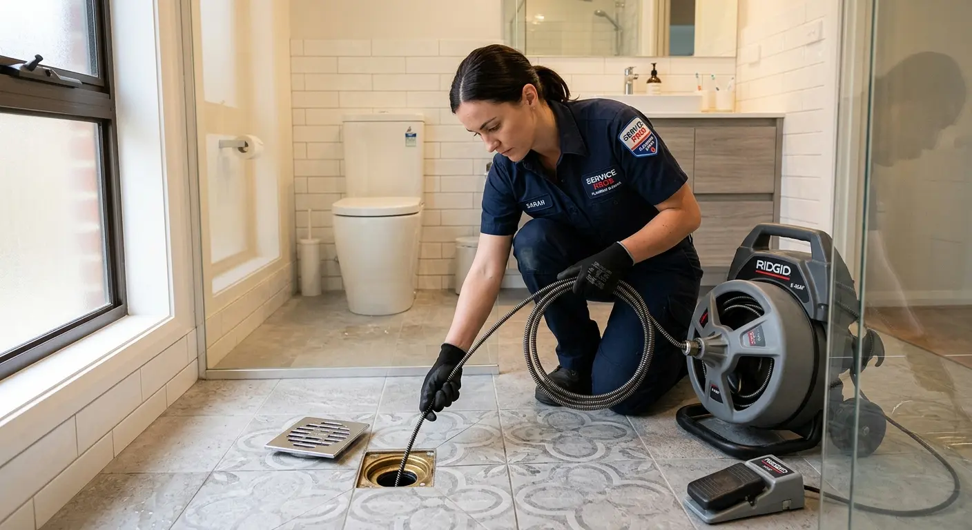 Technician clearing a bathroom floor drain for Drain Repair in West Warwick